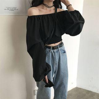 Off-shoulder Lantern-sleeve Crop Top Black - One Size