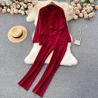 Set Of 3 : Lapel Blazer + High-waist Pants + Bandeau Tank Top