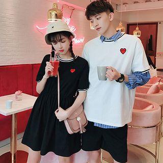 Couple Matching Heart Embroidered Contrast Trim Short Sleeve T-shirt