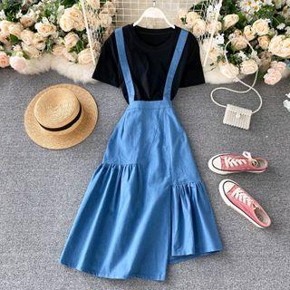 Set : Plain Top + Denim Spaghetti-strap Dress