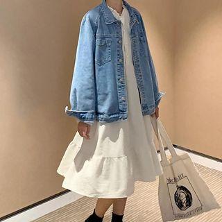 Pocket Detail Denim Jacket / Lace Trim Long-sleeve Midi Shift Dress
