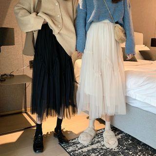 Plain High-waist Mesh Panel Skirt