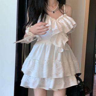 Spaghetti-strap Plain Ruffle Trim Dress