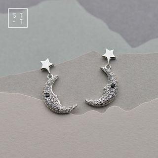 Moon Stud Earring One Pair - 925 Sterling Silver - Moon Stud Earring - One Size