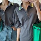 Striped Elbow-sleeve Polo Shirt / Polo Shirt Dress