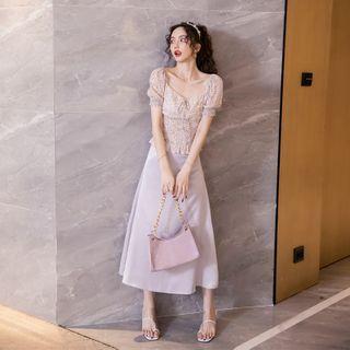 Set: Flower Print Short-sleeve Blouse + Midi A-line Skirt