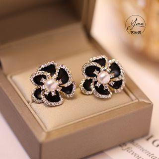Flower Faux Pearl Rhinestone Alloy Earring 1 Pair - Black - One Size