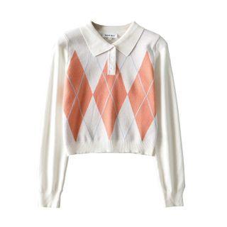 Polo-neck Argyle Knit Top