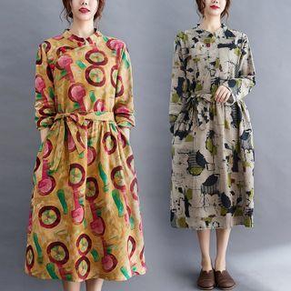 Long-sleeve All-over Print Tie-waist Midi A-line Dress