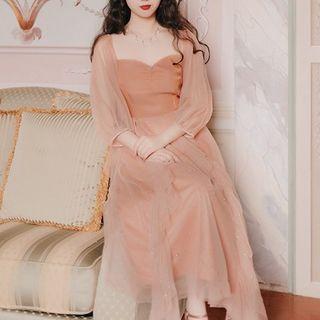 Elbow-sleeve Midi A-line Mesh Dress
