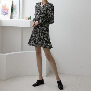 Balloon-sleeve Frill-hem Floral Dress Black - One Size