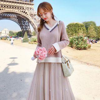 Set: V-neck Ribbed Sweater + Maxi A-line Mesh Skirt