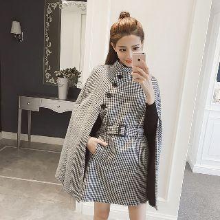 Mock Collar Buckled Houndstooth Cape Dress