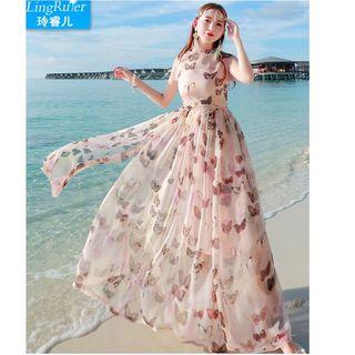 Printed Sleeveless Mock-neck Maxi Sundress