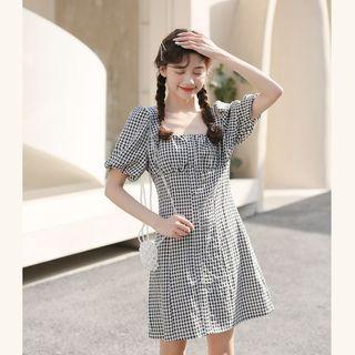 Square-neck Plaid Crinkled Mini Dress