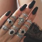 Set Of 11 : Retro Alloy Ring (assorted Designs) Set Of 11 - Black & Silver - One Size