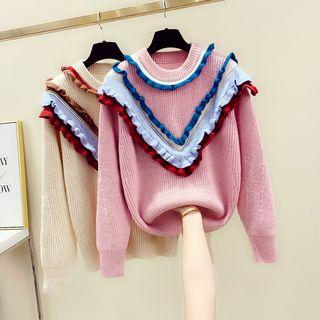 Color-block Frill-trim Oversize Sweater