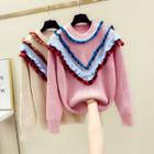 Color-block Frill-trim Oversize Sweater