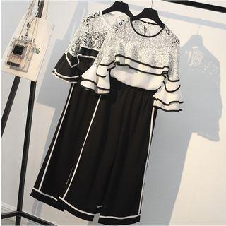Set: Lace Panel Elbow-sleeve Top + Wide Leg Pants
