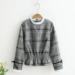 Plaid Long-sleeve Gathered Waist Top