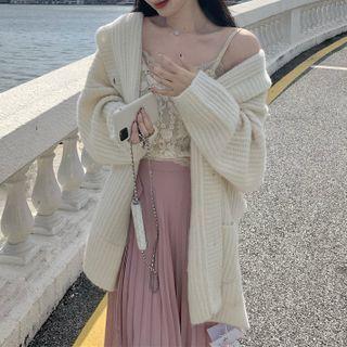 Hooded Long Cardigan / Lace Camisole Top / Wrap A-line Skirt