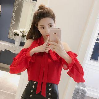 Tie-neck Cold-shoulder Ruffle Chiffon Blouse