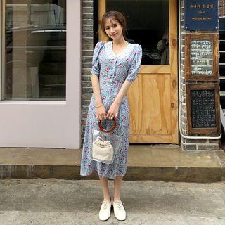 Crochet-collar Floral Print Dress Blue - One Size