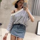 Striped Off-shoulder 3/4-sleeve T-shirt
