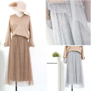 Beads Mesh Panel Skirt
