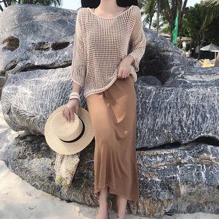 Long-sleeve Mesh Top / Spaghetti Strap Midi Dress