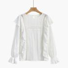 Long-sleeve Ruffled Eyelet Lace Blouse White - One Size