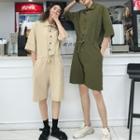 Couple Matching Elbow-sleeve Buttoned Playsuit