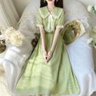 Short-sleeve Collar Lace Trim Plaid Midi A-line Dress