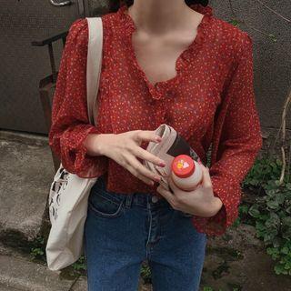 Long-sleeve Floral Print Ruffle Trim Chiffon Blouse Red - One Size