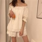 Plain Ruffle Ruffle Top / High-waist Lace Shorts White - One Size