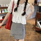 Puff-sleeve Ruffle Trim Blouse / Asymmetrical Plaid A-line Skirt