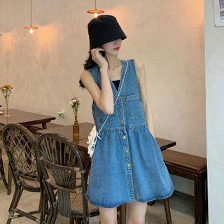 Denim Sleeveless Button Mini A-line Dress