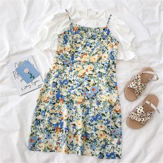 Spaghetti Strap Floral Print A-line Dress / Puff-sleeve Top