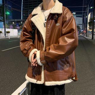 Long-sleeve Faux Leather Fleece Lined Jacket