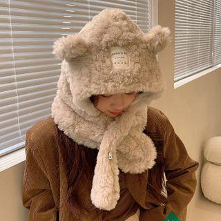Lettering Applique Bear Ear Chenille Hooded Scarf