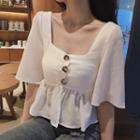 Buttoned Square-neck Elbow-sleeve Peplum Top