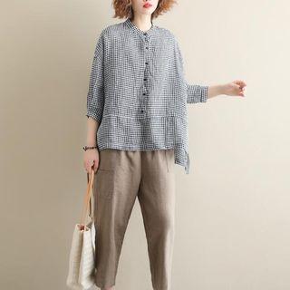 3/4-sleeve Checker Buttoned Top