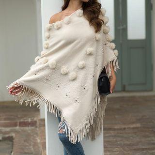 Pom Pom Accent Fringed Hem Cape