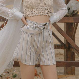Strap-belt Striped Wide-leg Shorts