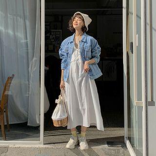 Tie-neck Frilled Long Pinafore Dress