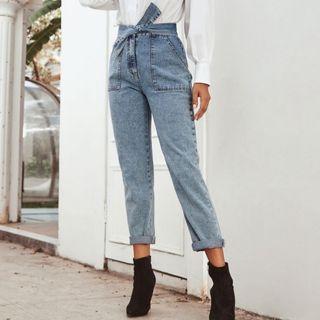 High Waist Lace-up Cropped Jeans