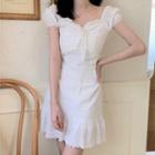 Eyelet Trim Puff-sleeve Mini A-line Dress White - One Size
