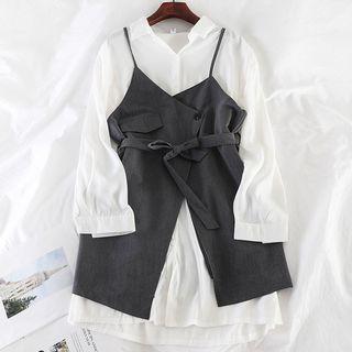 Set: Plain Shirt Dress + Tie Waist Spaghetti Strap Dress