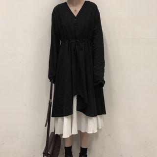 Long-sleeve Layered A-line Midi Dress Black - One Size