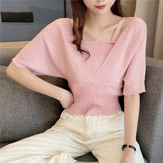 Mock Two-piece Short-sleeve Ribbed Knit Top
